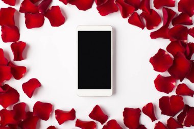 Beyaz arka planda izole gül telefon ve taç yaprakları fotoğrafı