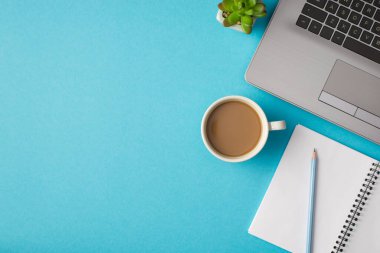 Not defterinde dizüstü kalemle iş yerinin en üst görüntüsü. Bitki örtüsü ve izole edilmiş mavi arka planda bir fincan kahve. Boş alan.