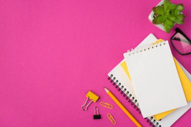 Sarı rektörlük defterleri, gözlükler ve kopyalanmış pembe arkaplan üzerindeki saksıların olduğu iş yerinin en üst görüntüsü.