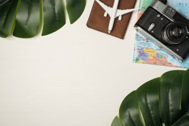 Pasaport kapağında iki yeşil palmiye yapraklı uçak modeli ve tahta beyaz arka planda kopyalanmış harita.