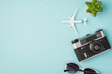 Çiçek saksısı güneş gözlüğü kamerası ve uçak modelinin üst görüntüsü izole edilmiş pastel mavi arkaplan ve telif alanı