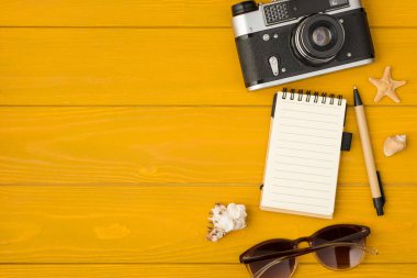 Sarı ahşap arka planda izole edilmiş kalem kabuklu deniz yıldızı ve güneş gözlüğü.