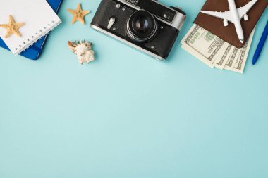 Not defterlerinin en üstteki fotoğrafı pasaport kapağındaki kalem uçak modeli dolar ile deniz kabuğu ve izole edilmiş pastel mavi arka plandaki deniz balıkları.