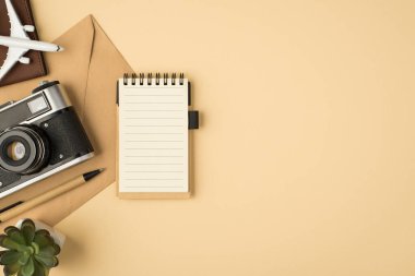 Pasaport kapağındaki kamera uçağının en iyi görüntüsü kağıt kalem defteri ve kopyalanmış bej arkaplan üzerindeki saksı.