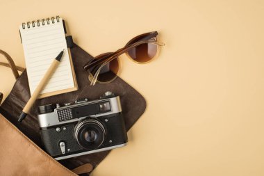 Telif defteri kalem gözlüklü, açık deri çantalı ve telif alanlı izole edilmiş bej arkaplanlı kamera.