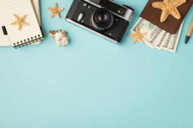 Not defterlerinin en üstteki fotoğrafı. Kalem pasaport kapağı dolarlar, deniz kabuğu ve deniz yıldızları, izole edilmiş pastel mavi arka planda.