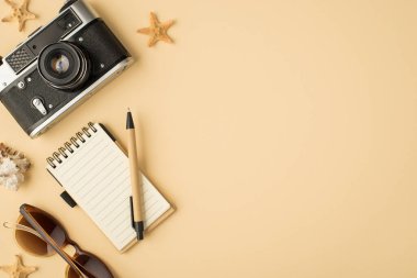 Kamera planlayıcısının en üstteki fotoğrafı. Güneş gözlüğü, deniz kabuğu ve yıldızbalıkları izole edilmiş bej arka planda ve boş alanda.