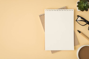 Bardak gözlüklü çiçek saksısı kaleminin en üst görüntüsü ve izole edilmiş bej arkaplan üzerine iki defter.
