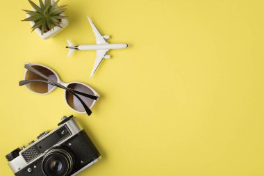 İzole edilmiş pastel sarı arka planda bitki uçak model güneş gözlüklerinin ve kameranın fotosu.