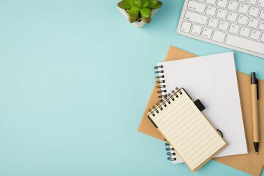 Beyaz klavye bitki hatırlatma günlüğü ve kalem üst görünüm fotoğrafı izole edilmiş pastel mavi arkaplan ve telif alanı