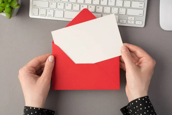 First Person Top View Photo Female Hands Holding Open Red — Stock Photo, Image