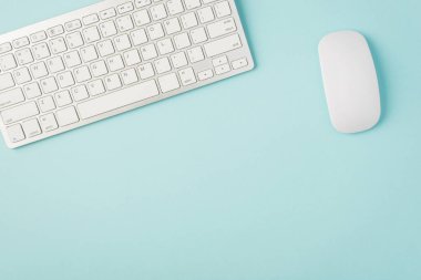 İzole edilmiş mavi arkaplandaki beyaz klavye ve farenin üst görünüm fotoğrafı