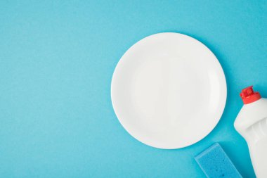 Mavi arkaplanda izole edilmiş selüloz sünger ve plaka fotoğrafı