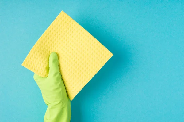 Bovenaanzicht Foto Van Hand Groene Rubberen Handschoen Met Gele Viscose — Stockfoto