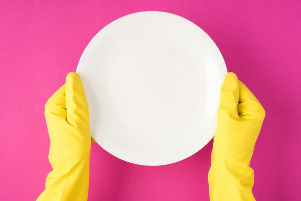 Top View Photo Hands Yellow Gloves Holding White Clear Plate — Stock Photo, Image