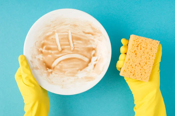 Top View Photo Hands Yellow Rubber Gloves Holding White Dirty — Stock Photo, Image