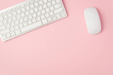 İzole edilmiş pastel pembe arkaplandaki beyaz klavye ve farenin üst görünüm fotoğrafı
