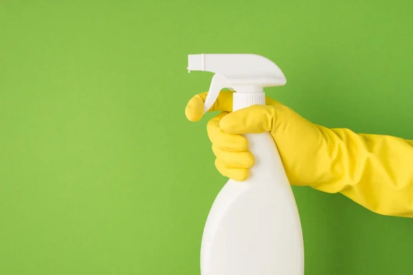 Photo Cleaning Spray Hands Yellow Gloves Isolated Green Background — Stock Photo, Image