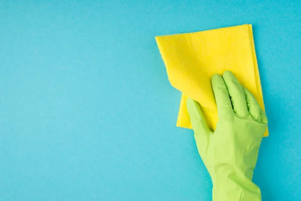 Bovenaanzicht Foto Van Hand Groen Rubber Handschoen Met Gele Viscose — Stockfoto