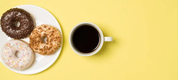 Top View Photo Cup Coffee Plate Three Different Donuts Isolated — Stock Photo, Image