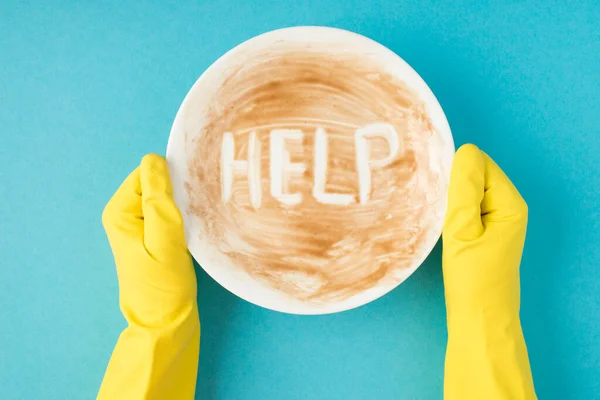 Top View Photo Hands Yellow Rubber Gloves Holding Dirty Dish — Stock Photo, Image