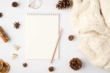 Beyaz eşarp fotosu kalem külahları kurutulmuş limon dilimleri tarçın altın cilt tokaları ve boş arkaplan üzerine şık gözlükler.