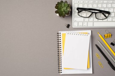 Klavye çiçek saksısı kırtasiye klasöründeki iş yeri gözlüklerinin üst görünümü kalemleri ve boş arkaplanı olan izole edilmiş gri arkaplan üzerindeki düzenleyicilerin yığını.