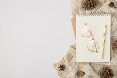 En üstteki fotoğrafta iki tane fotokopi kitabı şık cam kalem külahları ve izole beyaz arka planda boş alan olan süveter üzerinde anason var.