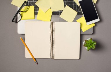 Sarı yapışkan notların üst görünüm fotoğrafı dizüstü bilgisayardaki akıllı telefon bitki ve kurşun kalemle izole edilmiş gri arkaplan ve boş alan.