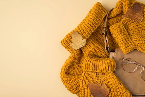黄色のセーターの革のバッグのトップビューの写真スタイリッシュなメガネとコピースペースと隔離されたライトベージュの背景に秋の茶色の葉 — ストック写真