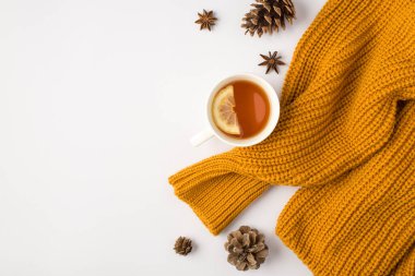 Limonlu ve çam kozalaklı turuncu kazaklı çay fincanının telif alanı olan izole edilmiş beyaz arka plan fotoğrafı.