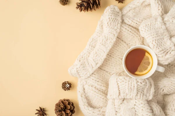 Photo Vue Dessus Pull Blanc Tasse Thé Avec Cônes Pin — Photo