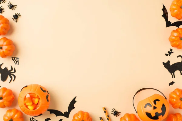 Foto Vista Dall Alto Decorazioni Halloween Cestini Zucca Caramelle Paglie — Foto Stock