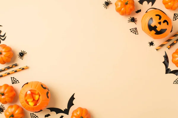 Foto Vista Dall Alto Decorazioni Halloween Negli Angoli Cestini Zucca — Foto Stock