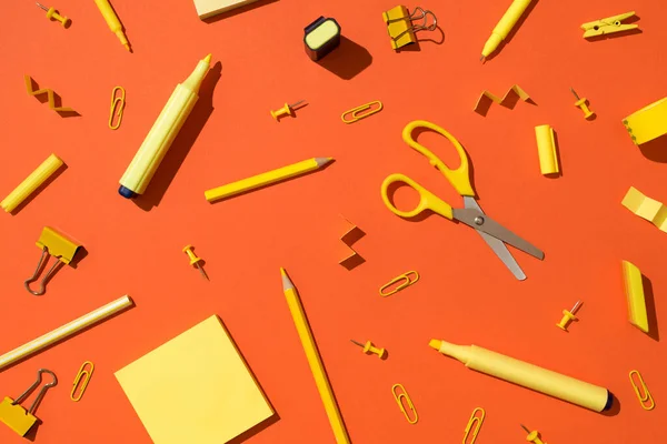 Top View Photo Scattered Yellow Stationery School Accessories Scissors Pencils — Stock Photo, Image