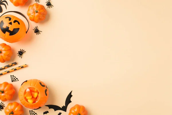 Vista Dall Alto Foto Halloween Decorazioni Cesti Zucca Caramelle Paglie — Foto Stock