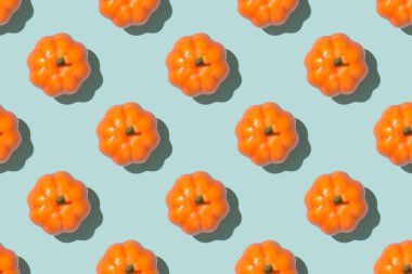 İzole edilmiş pastel mavi arka planda turuncu balkabaklarının en üst görüntüsü