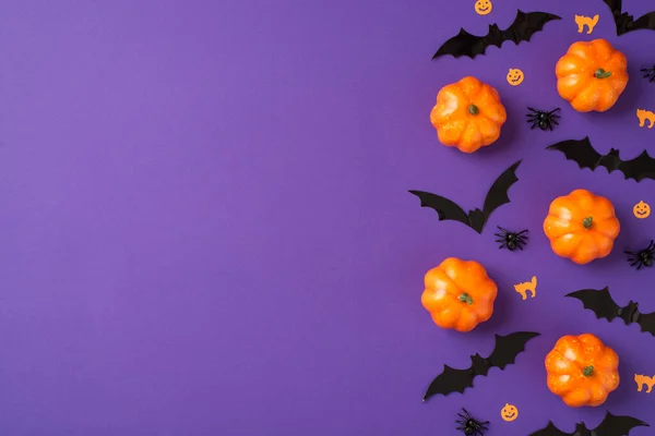 ハロウィンの装飾の上の写真小さなカボチャのクモの猫とコウモリのシルエット孤立した紫色の背景に空のスペース — ストック写真