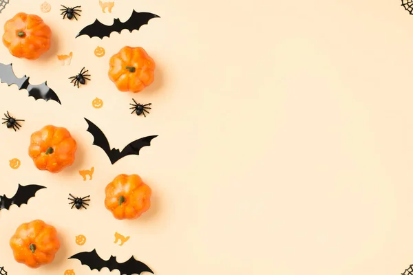 Foto Vista Dall Alto Decorazioni Halloween Piccola Tela Zucche Negli — Foto Stock