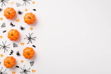 Cadılar Bayramı dekoru örümcekleri beyaz arka planda izole edilmiş cadı ve yarasalar.