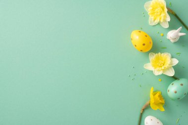 Pastel yumurtalar ve nergisler yumuşak yeşil bir zemin çerçevelediler, Paskalya neşesi, yenilenme ve mevsimlik projeler ve sergi için neşeli karşılama fikirleri yakaladılar.