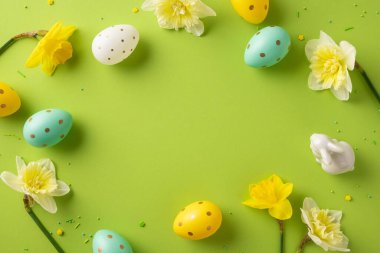 Pastel yumurtalı ve sarı nergisli canlı Paskalya sahnesi. Parlak yeşil bir zemin üzerinde düzenlenmiş. Bayram kutlamaları ve bahar festivali görüntüleri için mükemmel.