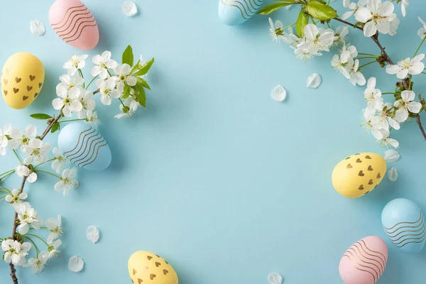 Pastel Paskalya sahnesinde dekoratif yumurtalar ve beyaz çiçekler yumuşak mavi arka planda dairesel bir çerçevede sıralanmış, bahar, kutlama ve sıcak bayram kutlamaları iletiliyor.