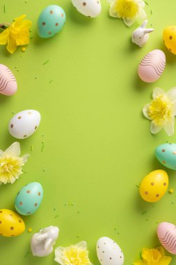 Renkli dikey Paskalya sahnesinde pastel yumurtalar, beyaz bir tavşan ve canlı limon arkaplanı etrafına dizilmiş sarı çiçekler var. Kutlama kartları, bahar promosyonu ve mevsimlik hisse senedi tasvirleri için mükemmel.