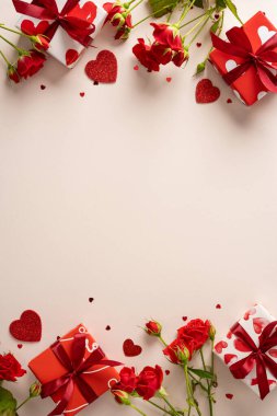 A vertical romantic Valentine scene with red rose, gift box, heart shapes and soft background. Perfect for greeting cards and Valentine promotion emphasizing love and celebration