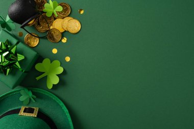 Yeşil dekor, yonca şekilleri, altın sikkeler ve zengin bir zümrüt yüzeyde parti hediyelerinin yer aldığı şenlikli bir Aziz Patrick Günü sahnesi. Parlak, şanslı titreşimler kutlamayı, cazibeyi ve mevsimsel selamlamayı iletir.