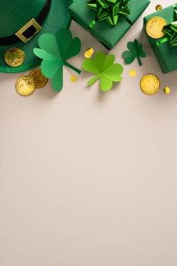 Parlak dikey Aziz Patrick Günü sahnesinde yeşil hediyeler, yonca şekilleri, altın sikkeler ve neşeli bir bayram tebriği ve promosyon kullanımı için şenlikli dekorlar yer alıyor.