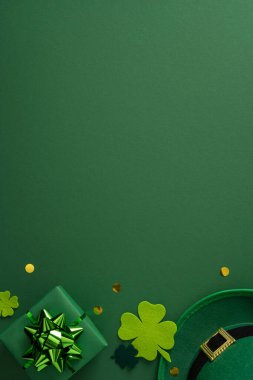 Bir şapka, yonca ve şans, kutlama ve kartlar ve promosyonlar için şenlikli bir karşılama hediyesiyle Aziz Patrick Günü temalı hareketli dikey yeşil arka plan