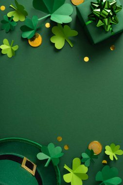 Yonca şekilleri, altın sikkeler, yeşil bir şapka ve paketlenmiş bir hediyeyle dolu canlı, dikey Aziz Patrick Günü temalı bir sahne. Zengin yeşiller, şans, kutlama ve kutlama cazibesini çağrıştırıyor.