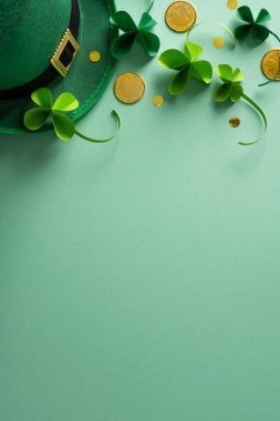 Canlı dikey Aziz Patrick Günü temalı sahnede şans ve İrlanda gururu için yeşil şapka, yonca ve altın sikkeler, bayram kutlaması ve şenlikli ruh hali görüntüsü için mükemmel.